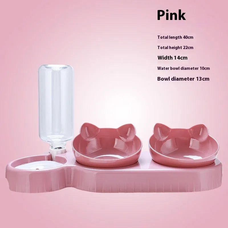 Pet supplies food basin double bowl with cervical spine protective automatic drinking bowl in plastic