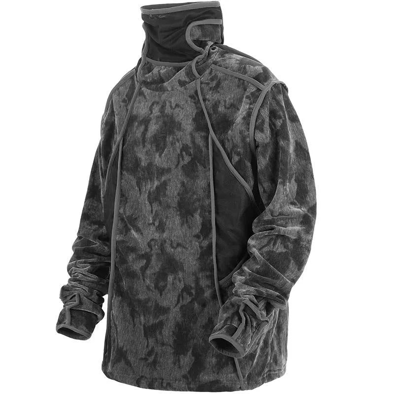 Men's black tie dye finger print turtleneck sweater with drop shoulders and loose casual fit