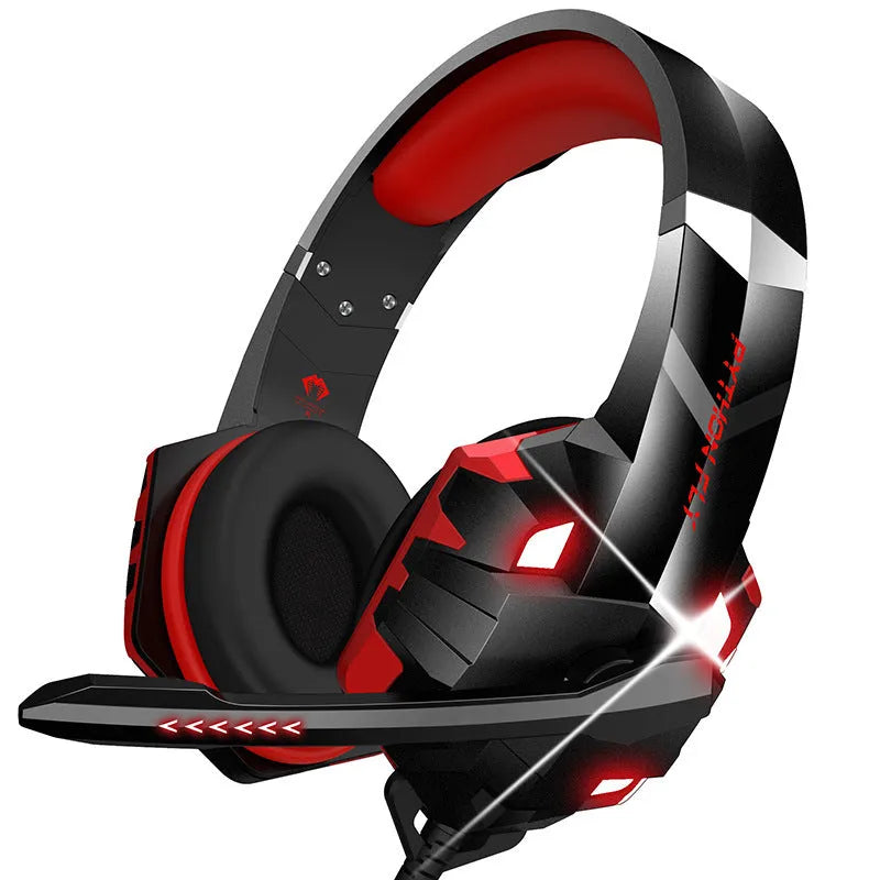 White wired gaming headset with LED breathing lights and a flexible microphone, shown on a dark background.