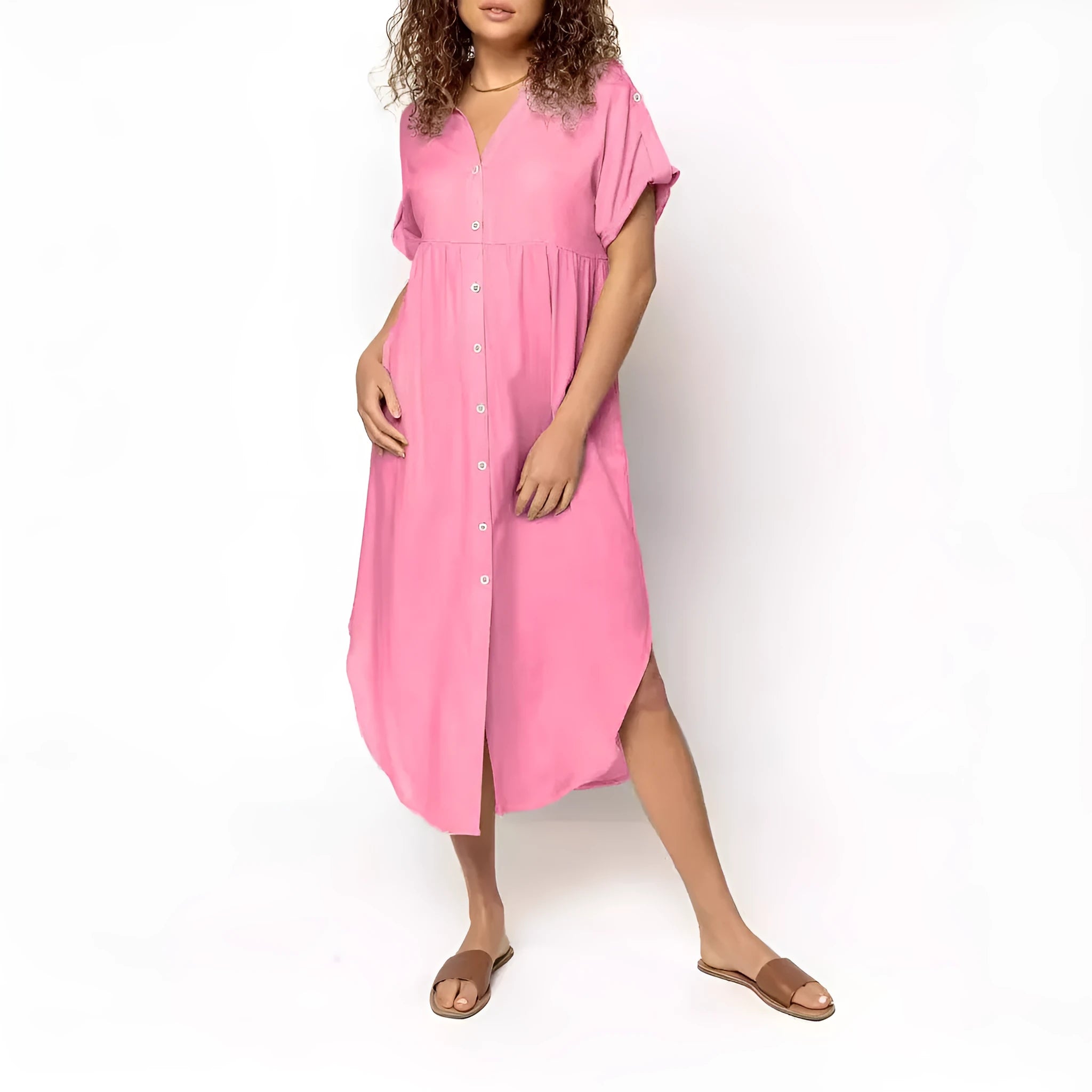 Button-front mid-length casual dress in solid colours with regular sleeves and polyester fabric