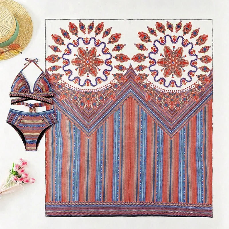 Women's three-piece swimsuit set showing sleeveless cutout blouse, high-waisted briefs, and matching coat
