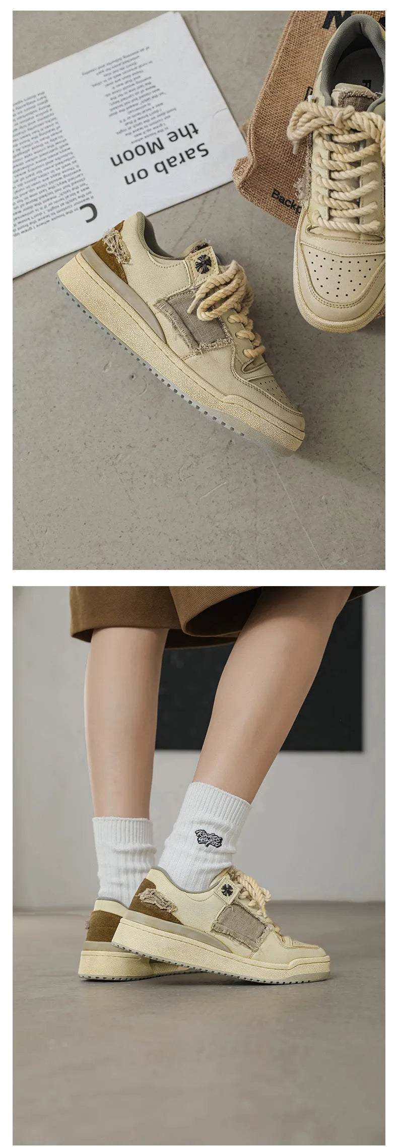Beige vintage patch skateboard shoes with lace-up closure and low-top design