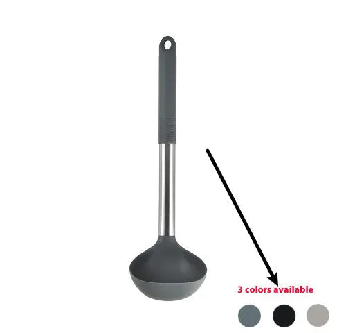 12-piece silicone kitchenware set with rotating storage bucket showing utensils in black, dark grey or khaki colours