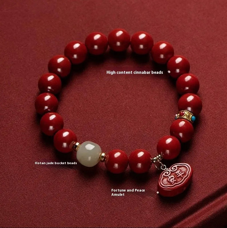 Natural cinnabar bracelet with Emperor sandstone Ping An Fu Lu design showing 8mm and 10mm bead size options.