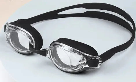 Black myopia swimming glasses with protective case, showing HD waterproof non-fogging swimming goggles.