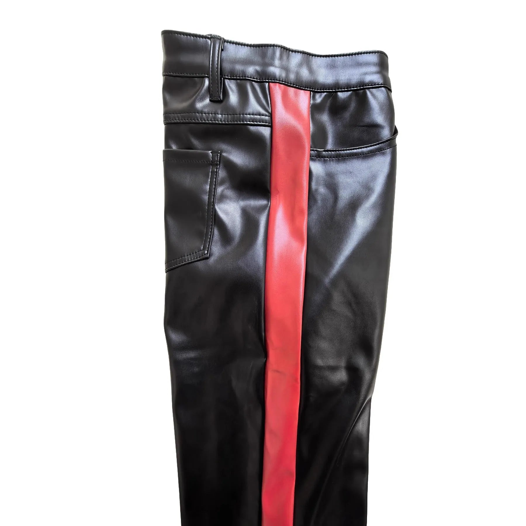 Black cropped PU leather skinny trousers for women with button fly, mid waist, dance and nightclub wear