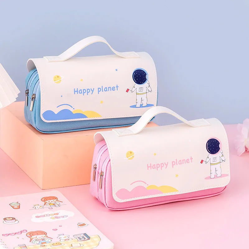 Large-capacity canvas flip pencil case with hand-painted cartoon planet pattern in blue, 21x10cm, square shape