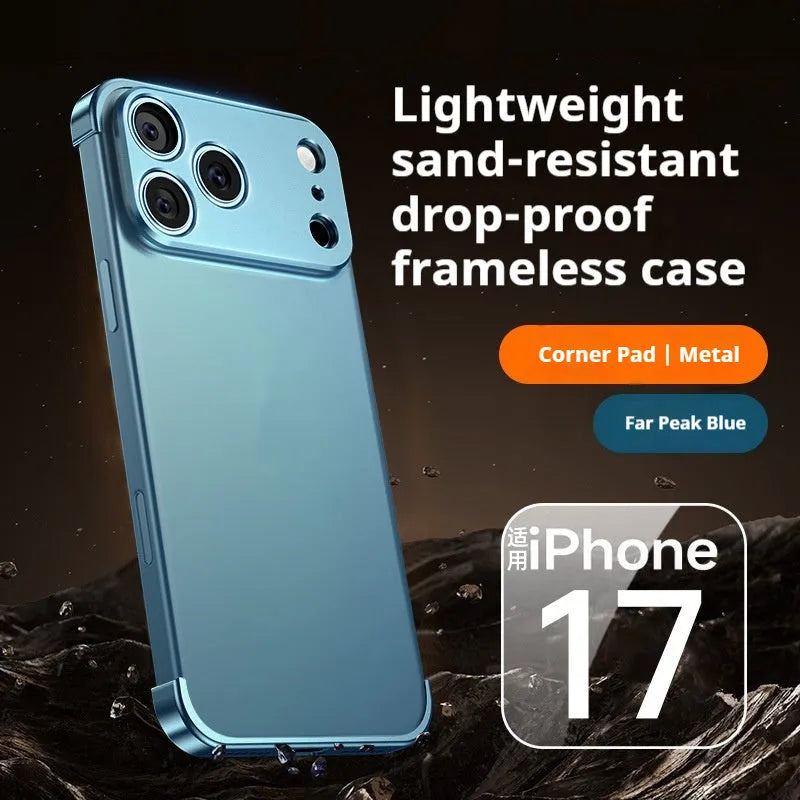 Metal corner pad phone case for iPhone 17 Pro Max in Black, ultra-thin frameless alloy with frosted finish