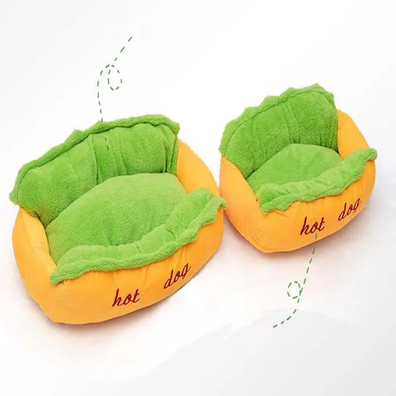 Grey hot dog style pet bed with high sides, a removable centre mat, and an anti-slip fabric base.