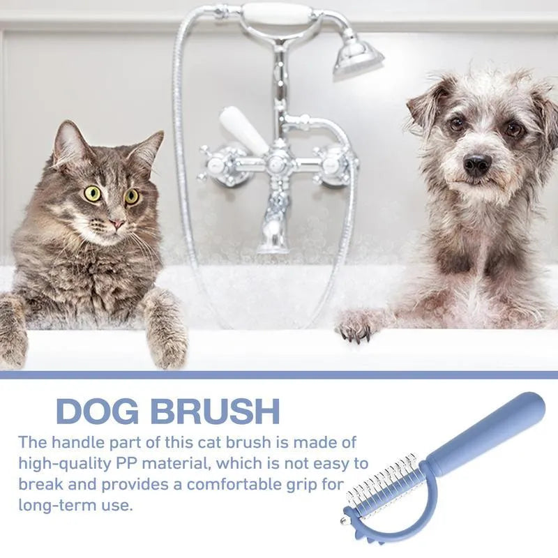 Blue dinosaur-shaped cat brush with self-cleaning feature and double-sided grooming heads