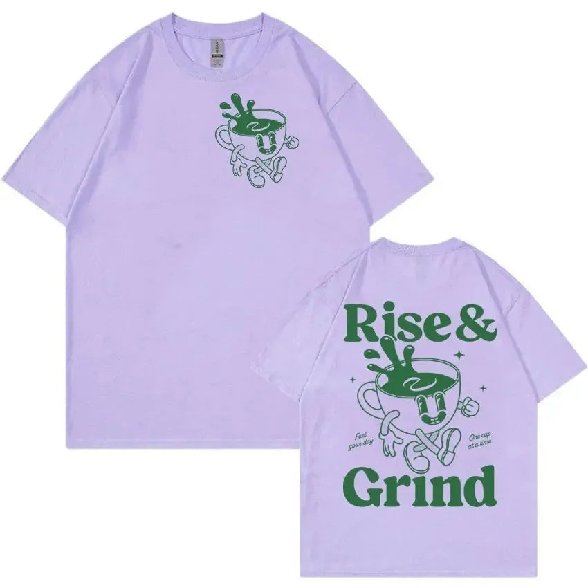 Man wearing a loose black T-shirt with a colourful Rise and Grind coffee cartoon and expression bag graphic.