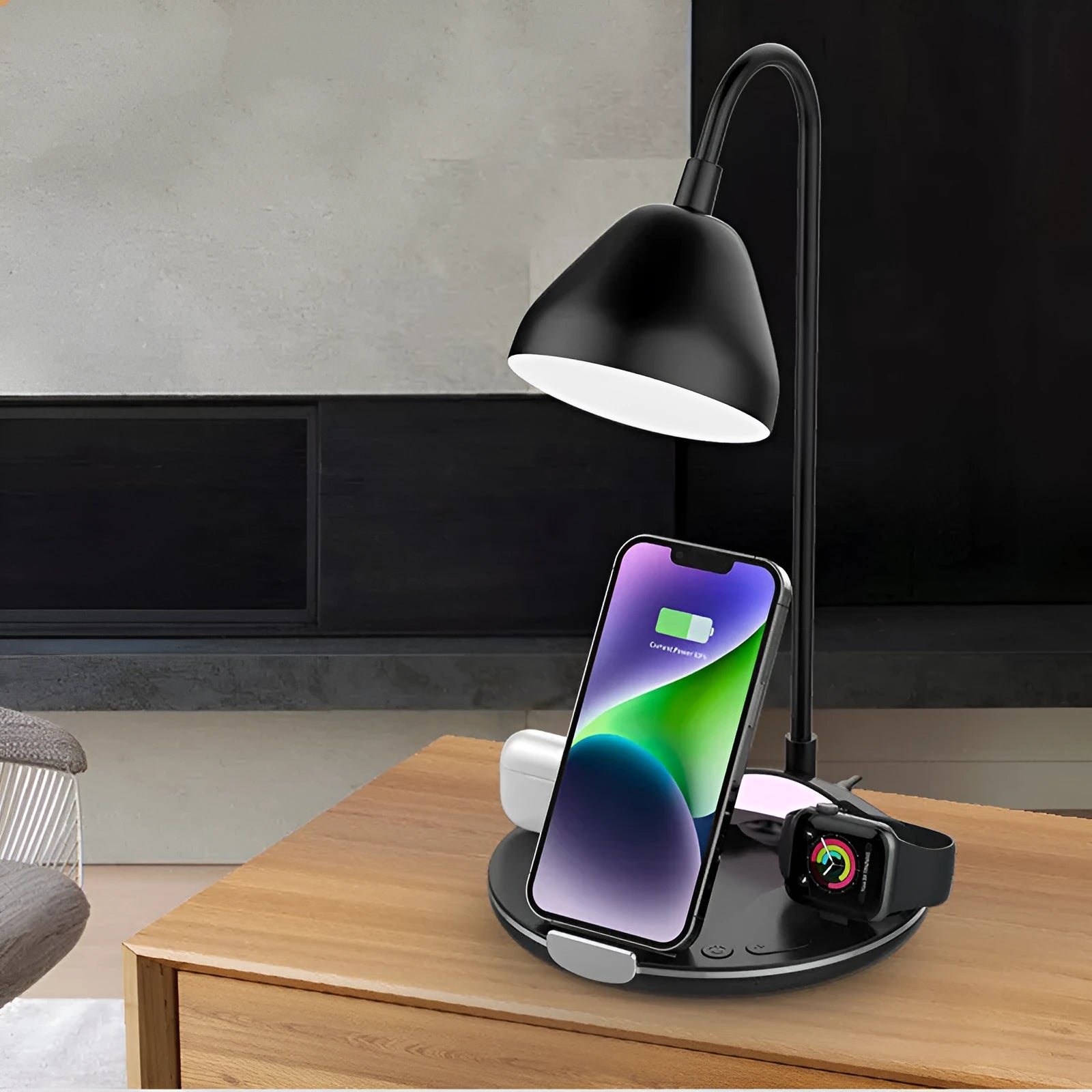 Magnetic folding wireless charger showing three panels with black plastic construction