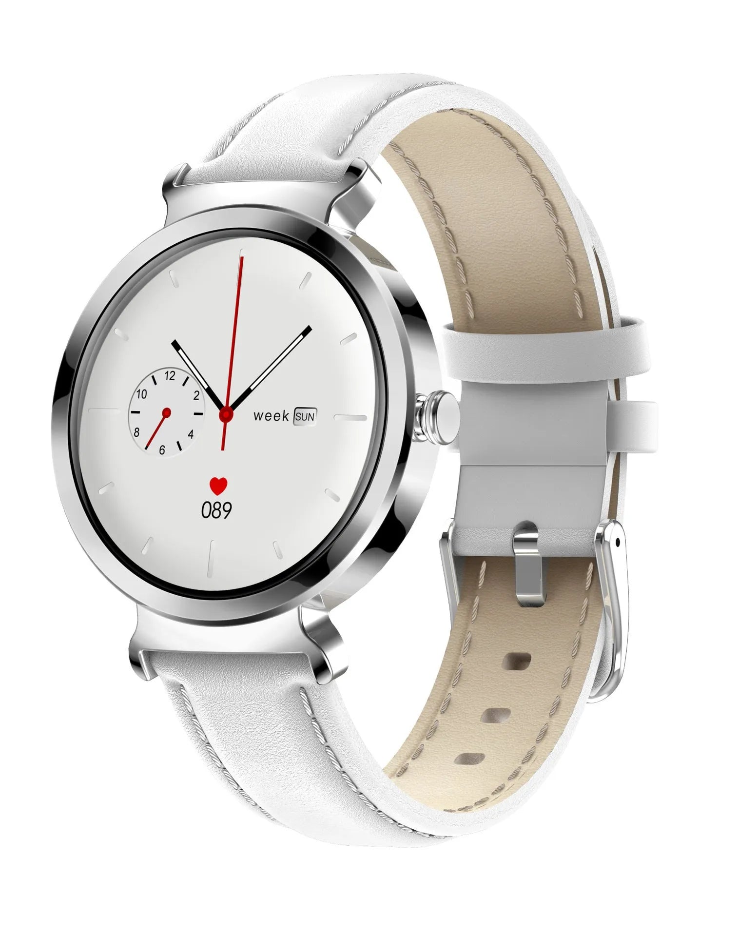 Women's zinc alloy smart bracelet with 1.28-inch screen showing Android iOS compatibility and multiple colour options
