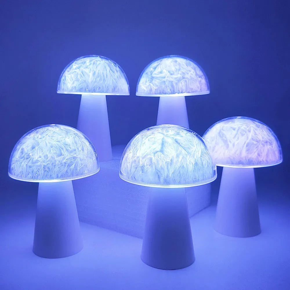 Mushroom-shaped night light with remote control showing RGB colour-changing illumination