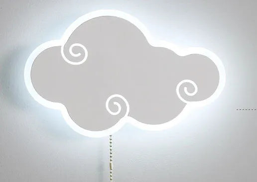 White cloud-shaped children's wall lamp with acrylic cover mounted on a bedroom wall.