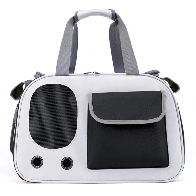 Foldable single shoulder pet carrier bag in canvas material showing large capacity design