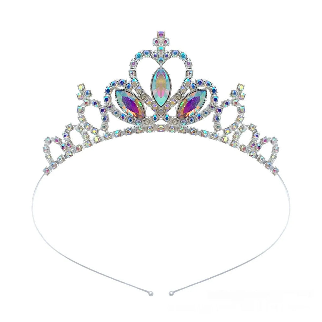 Gold and silver electroplated alloy princess crown headdress for girls with coloured diamond embellishments.