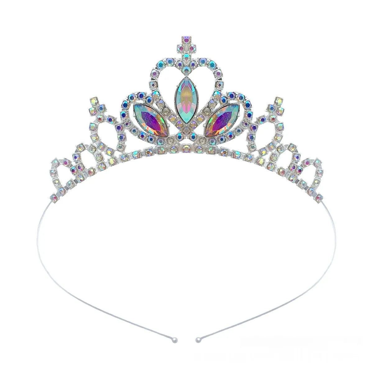 Gold and silver electroplated alloy princess crown headdress for girls with coloured diamond embellishments.