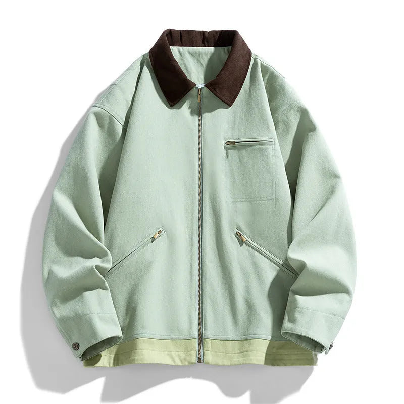 Korean style retro workwear jacket with contrast lapels in mint green, side seam pockets visible