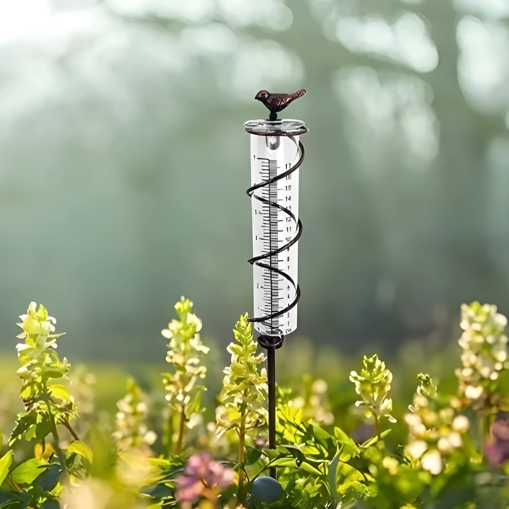 Cast iron hummingbird garden rain gauge with glass measurement tube showing 1-20cm scale