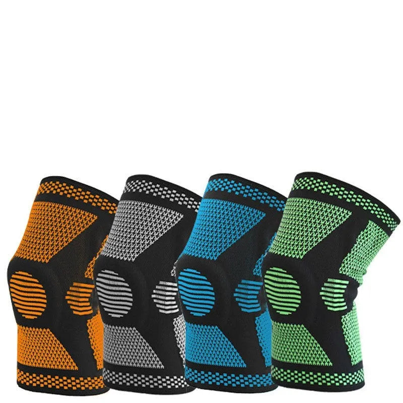 Green silicone spring knee pad for sports, showing polyamide construction and non-slip design on a leg.