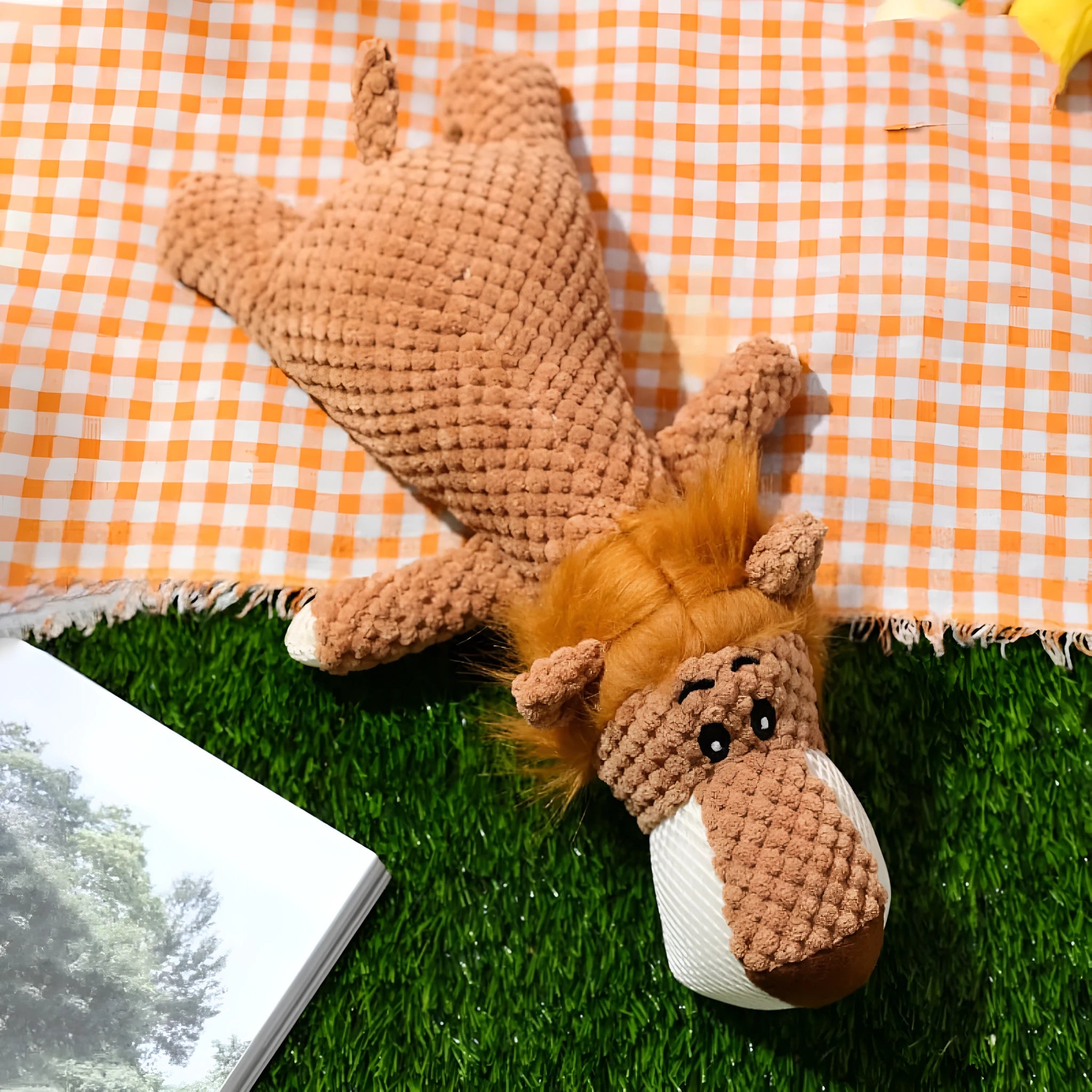 Colourful plush dog chew toy with corn kernel texture and animal shape for teeth grinding and interactive play.