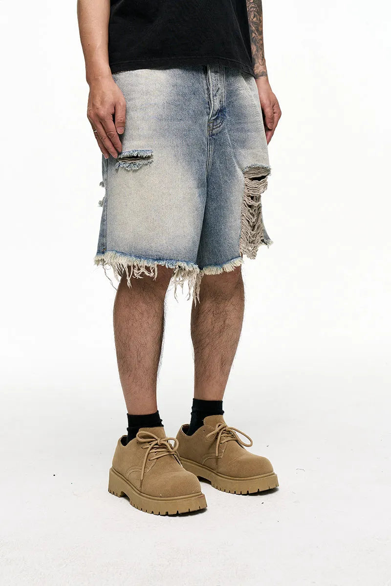 Light blue washed denim shorts with wide leg baggy fit and mid waist design