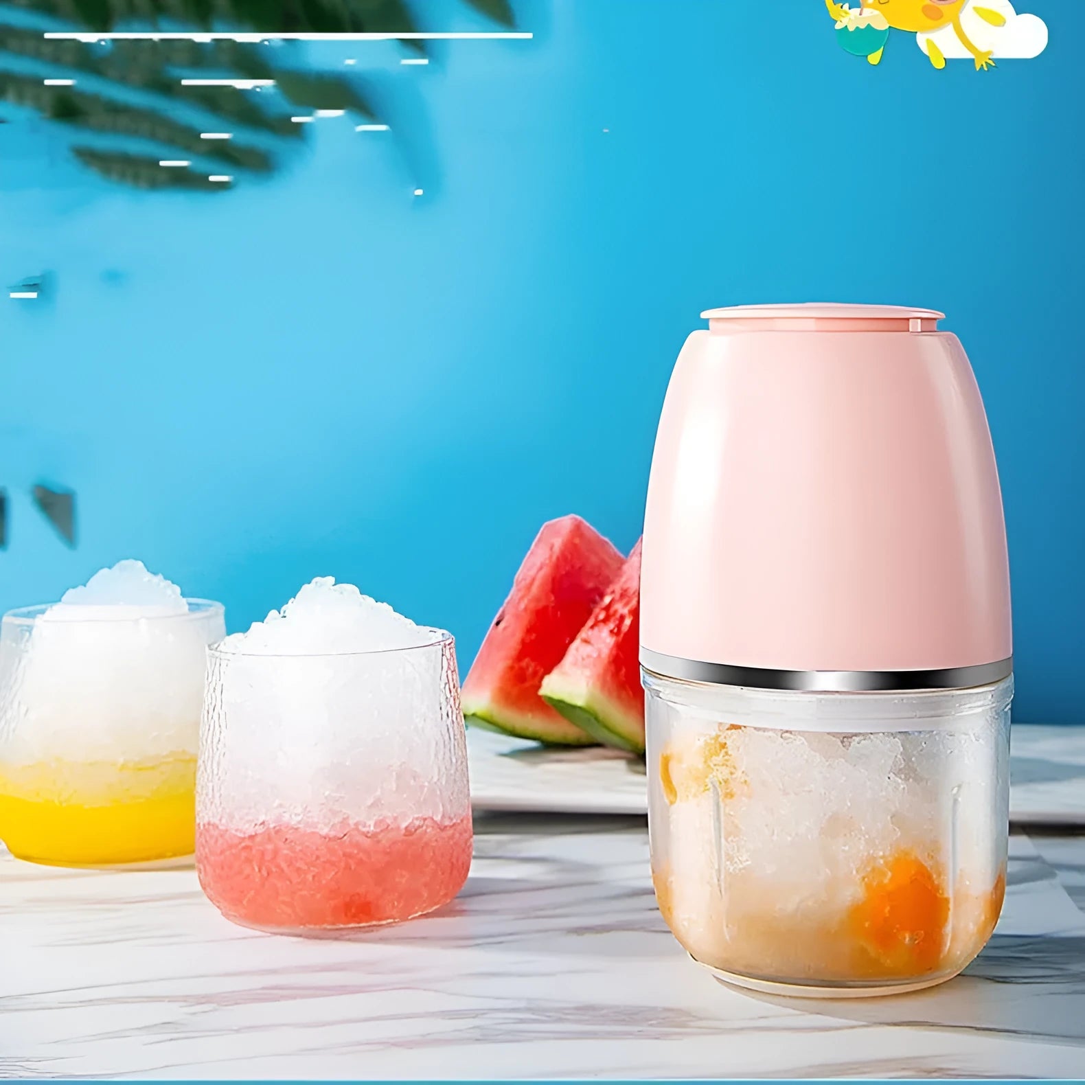 Cherry blossom powder plastic electric ice crusher 200W 105x105x205mm on countertop