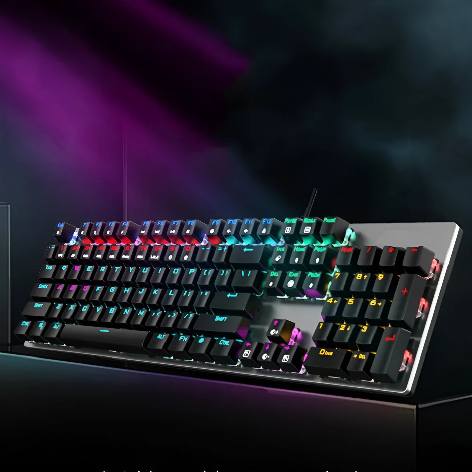 AOC GK410 wired mechanical keyboard with backlit keys on a desktop, showing full 104-key layout.