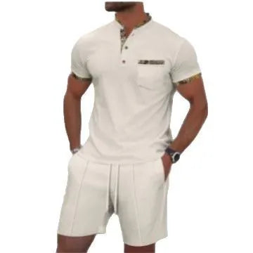Men's grey waffle polo collar short sleeve suit top and shorts laid flat.