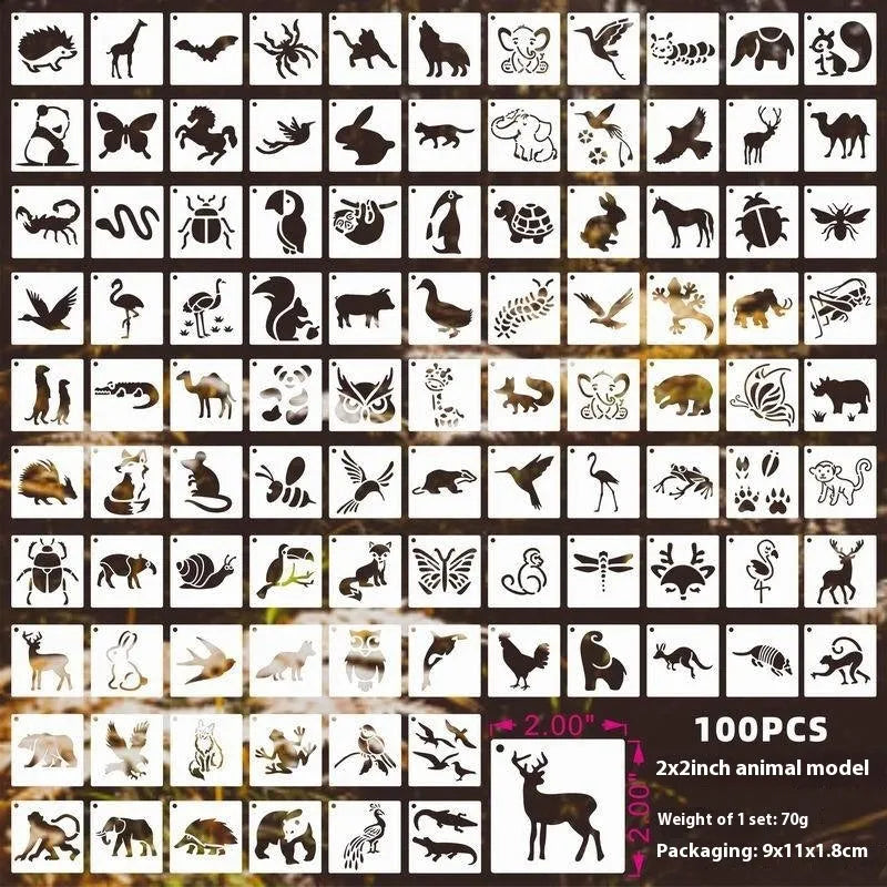 Milky white PET film hollow spray painting stencils showing animal, letter, and floral patterns at 2-inch size