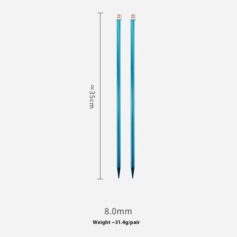 Set of lengthened crochet hooks with caps in 13 sizes from 2.0mm to 10.0mm, two hooks per size.