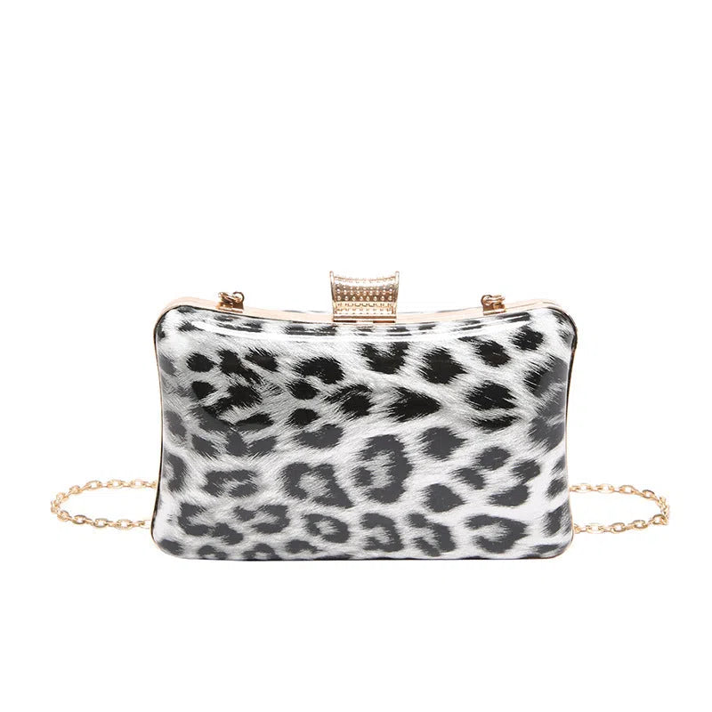 Leopard-print square PU handbag with internal phone pocket, in black and brown colour options
