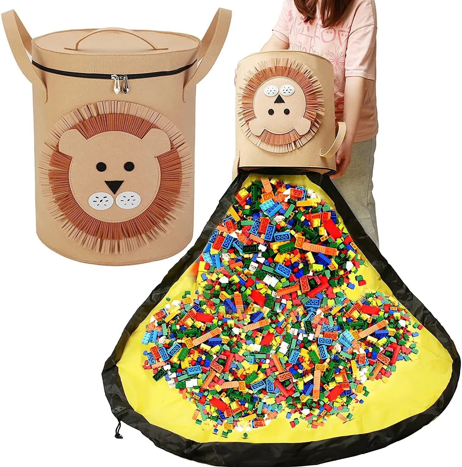 Green felt storage bag cinched closed with pull rope, shown next to it laid flat as a play mat