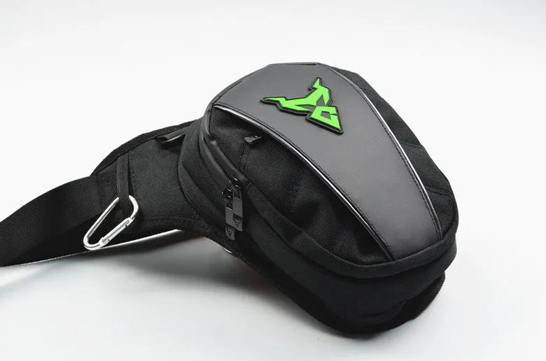 Motorcycle leg bag in 1200D Oxford cloth shown in red, worn on the leg, with adjustable straps and a 29cm x 29cm main compartment.