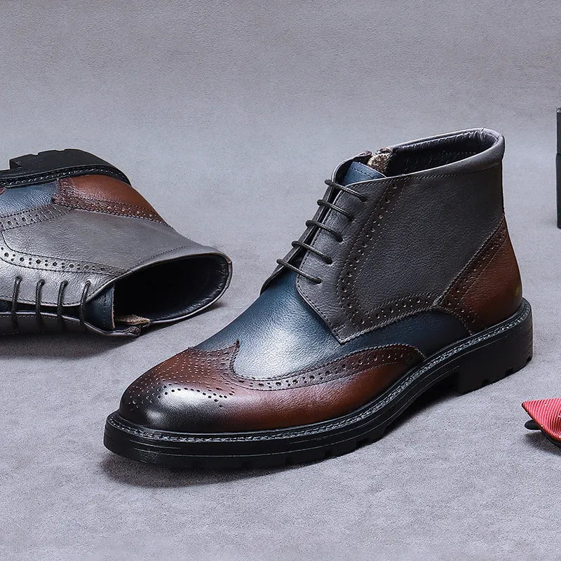 Men's coffee blue vintage brogue ankle boots with colour-blocked panels and leather laces.