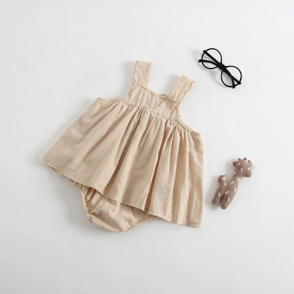 Baby romper princess dress jumpsuit in cotton, sleeveless, brown and white options for summer
