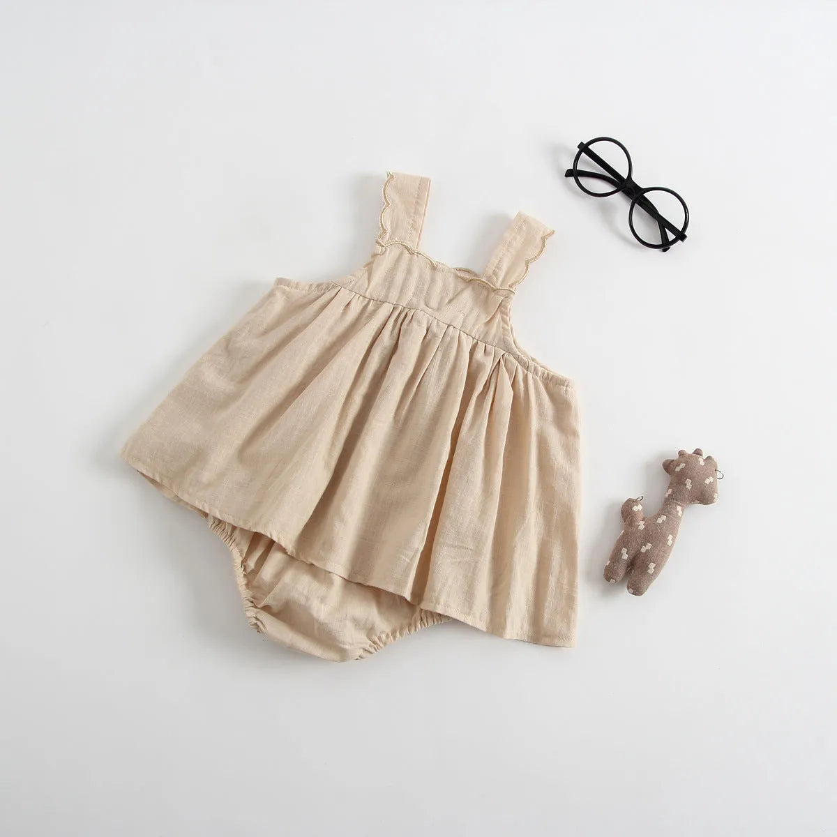 Baby romper princess dress jumpsuit in cotton, sleeveless, brown and white options for summer