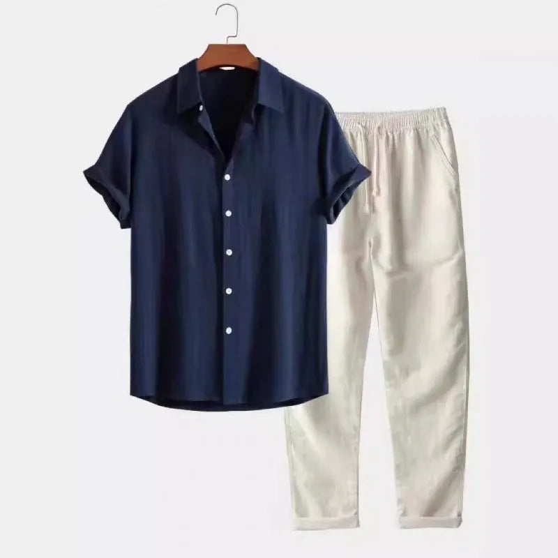 Men's casual loose fit polyester linen shirt and trousers suit in multiple colour options