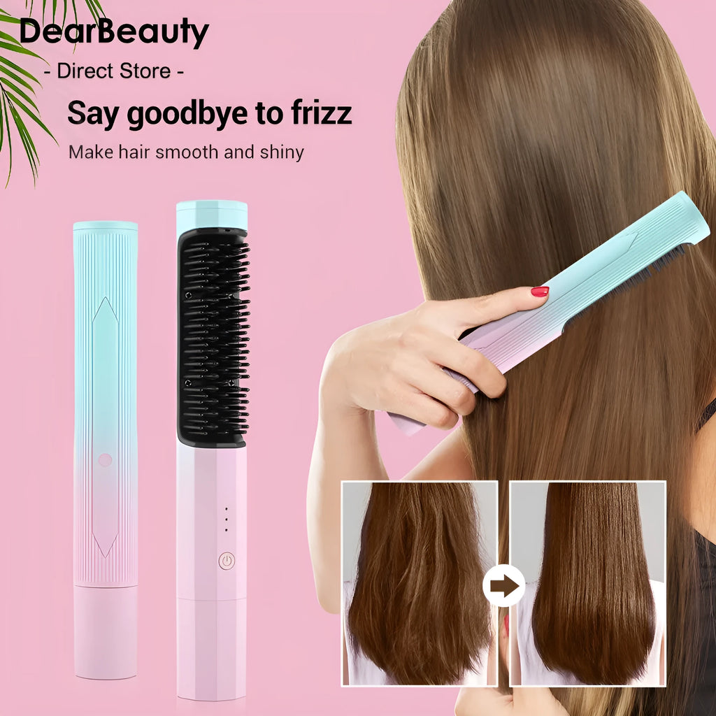 Cordless rechargeable straightening comb in pink, with ABS nylon body and USB charging cable
