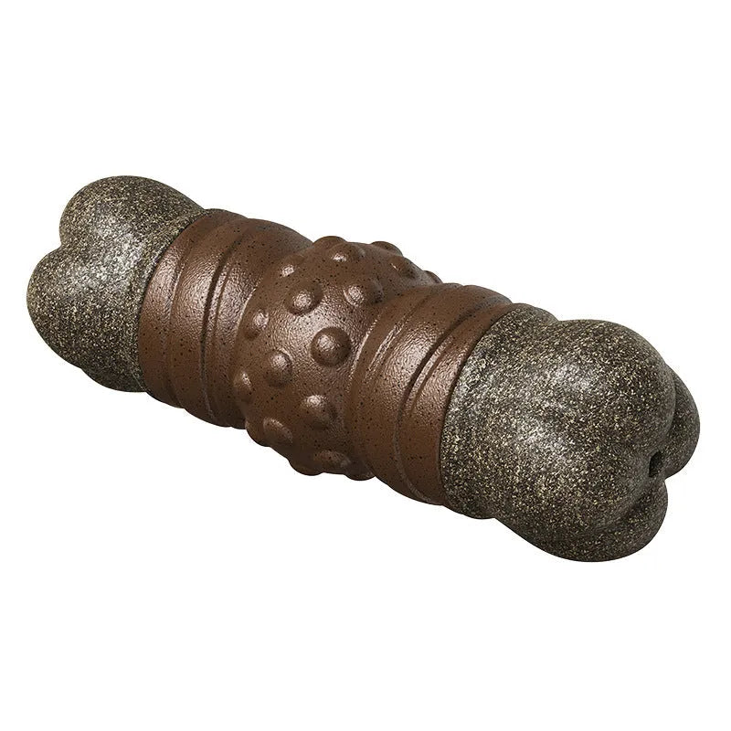 Wood colour plastic dog dental chew toy with sounding bone shape and molar rod