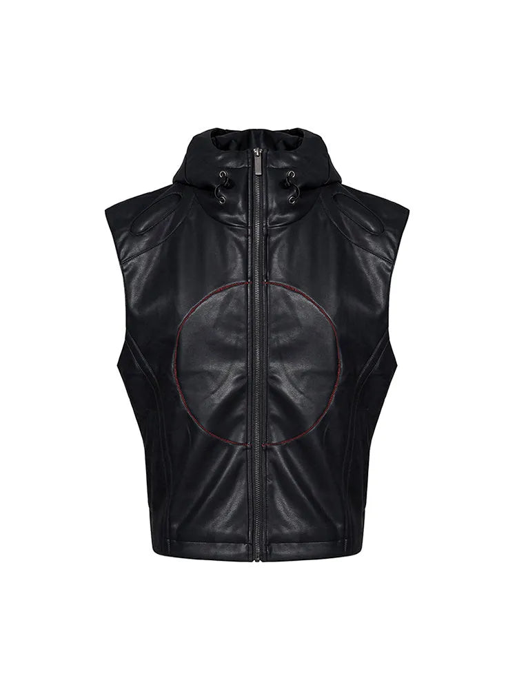 Short hood slim fit PU leather waistcoat in black with five-pointed star motif, men's summer wear