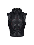Short hood slim fit PU leather waistcoat in black with five-pointed star motif, men's summer wear