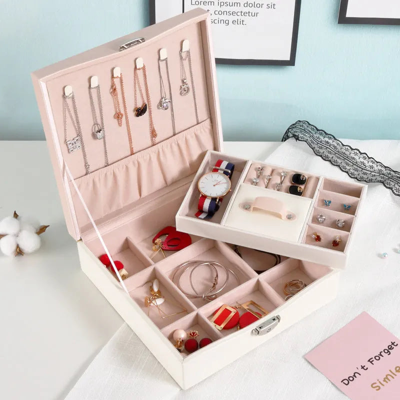 Red or white PU leather jewellery storage box with large capacity for necklace and ring organisation