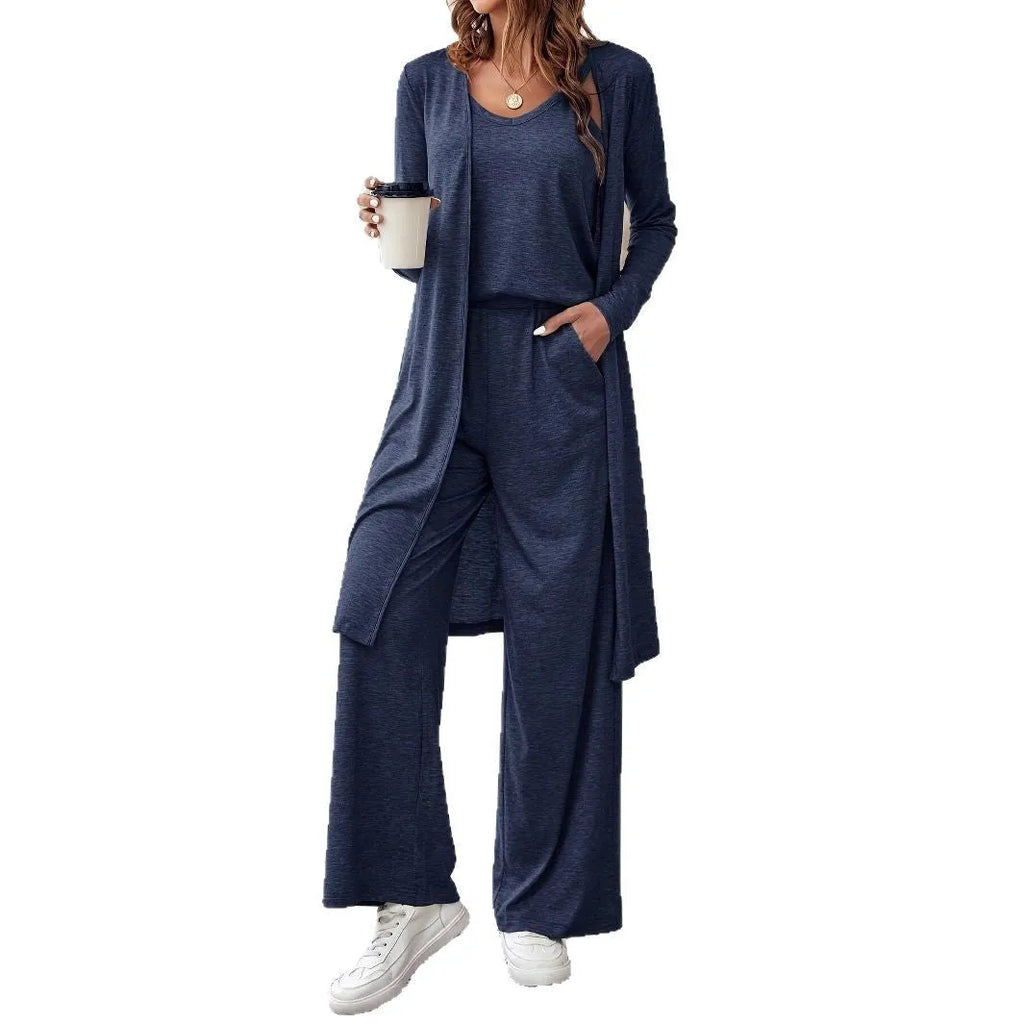 Blue women's three-piece casual suit with sling top, cardigan, and trousers in Japanese Korean style