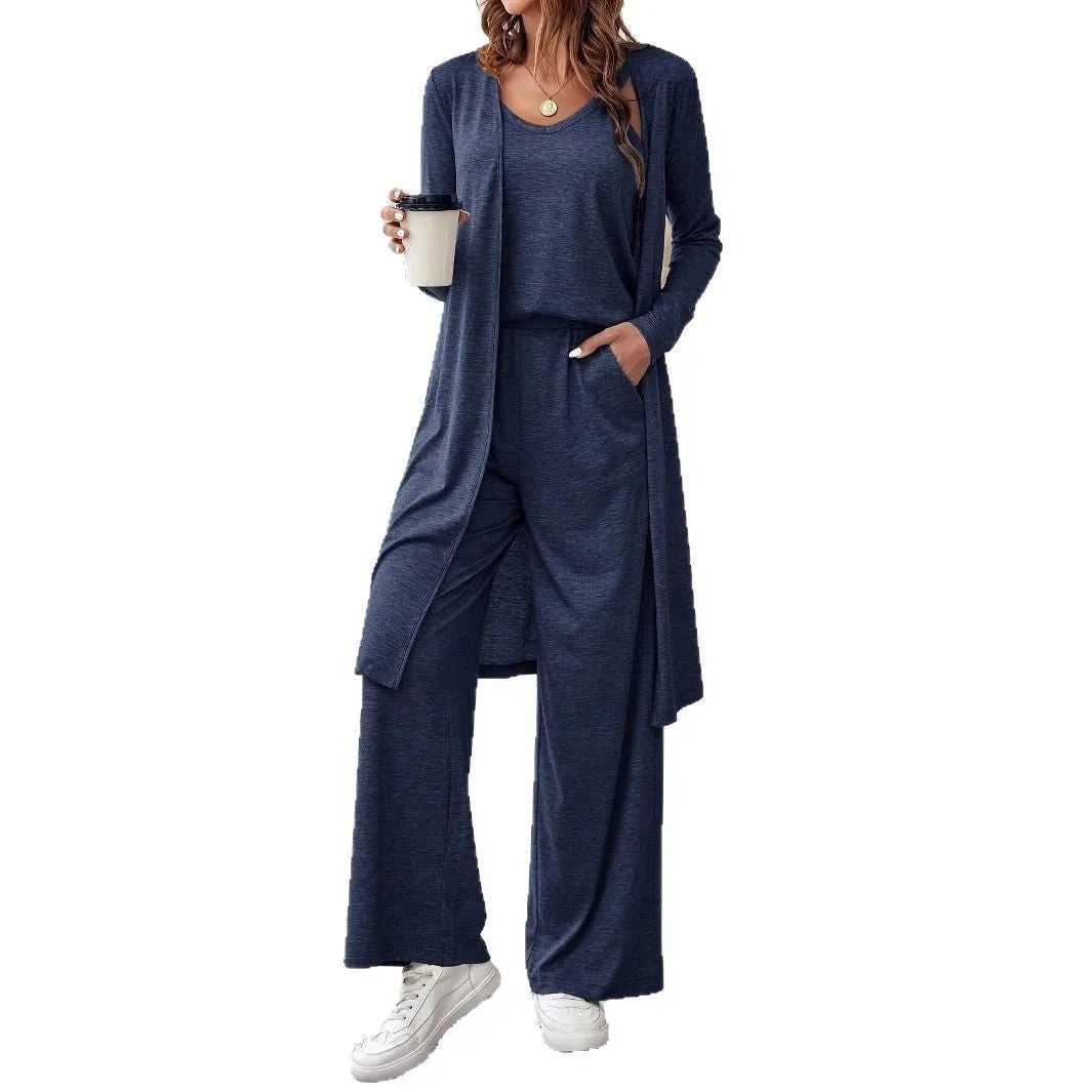 Blue women's three-piece casual suit with sling top, cardigan, and trousers in Japanese Korean style