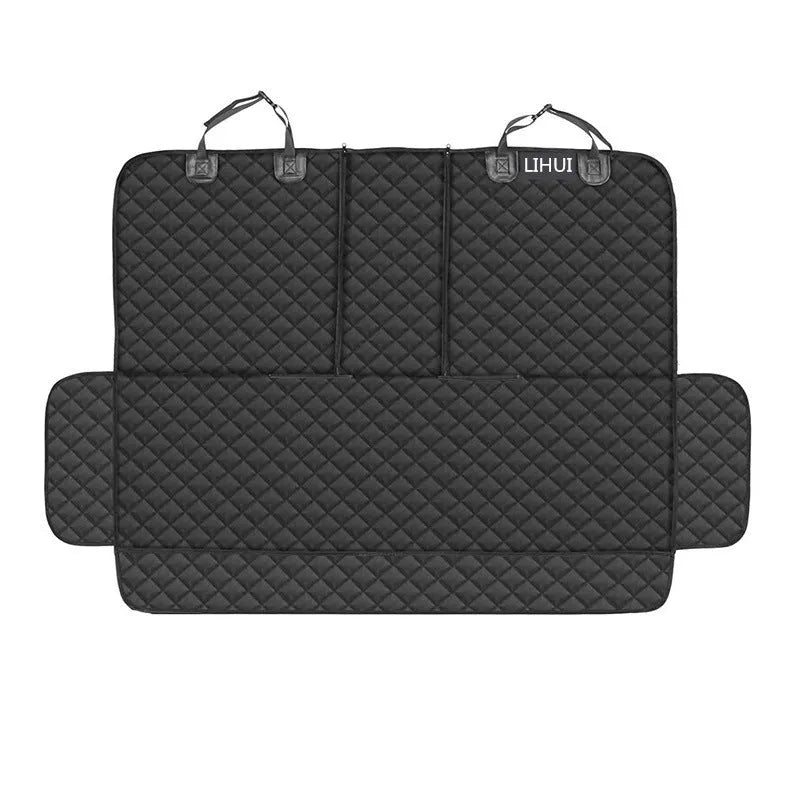 Black pet car seat cover with thick cushion and non-slip net on rear seat, 600D Oxford cloth, size 134.62 x 121.92 cm