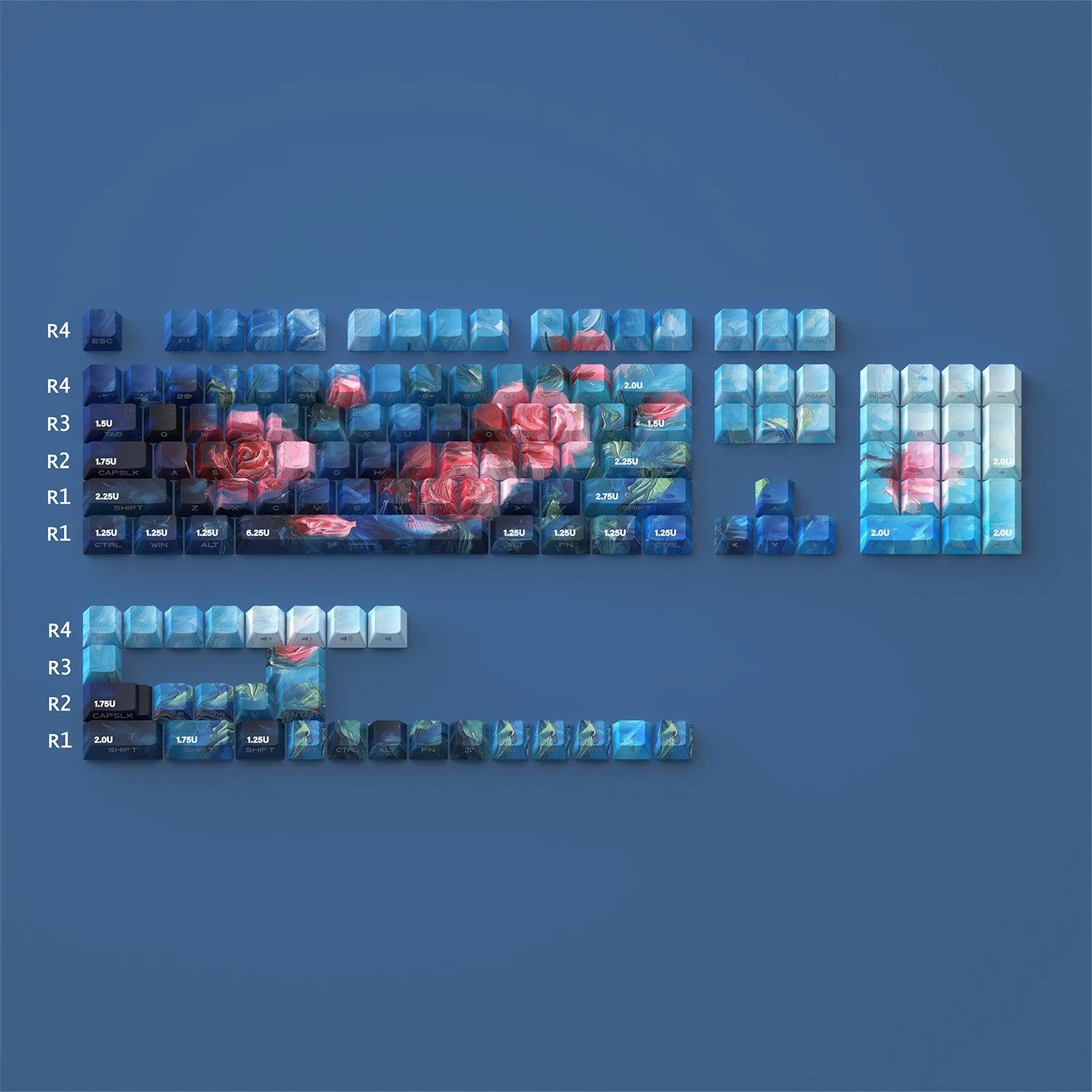Rose colour PBT mechanical keycap set with transparent oil painting style and side carving