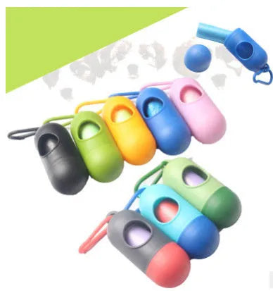Plastic dog waste bag dispenser holder with a side hook, shown in blue colour
