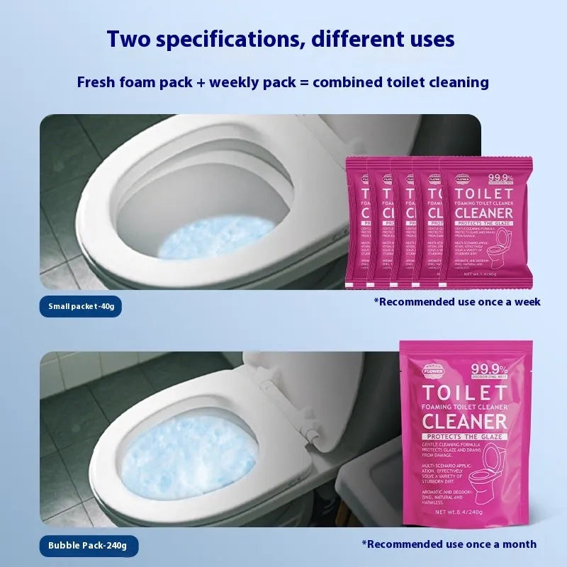 Toilet bubble powder in blue ocean and pink floral fragrance options with 40g bags or 240g bag